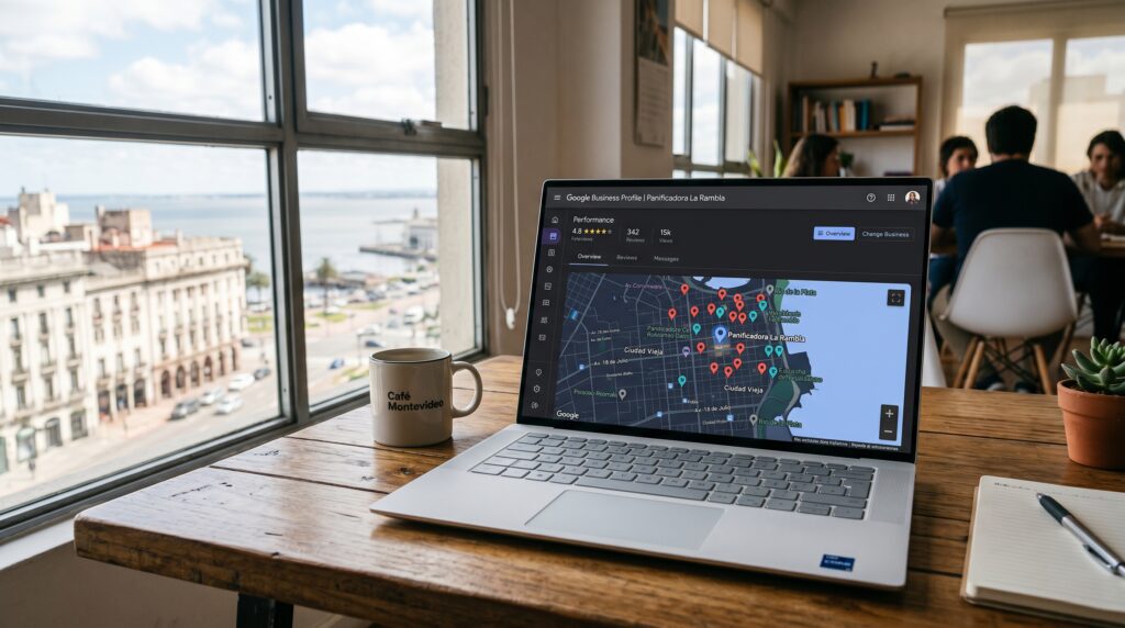 Dashboard de Google Business Profile con mapa de búsquedas locales en Uruguay