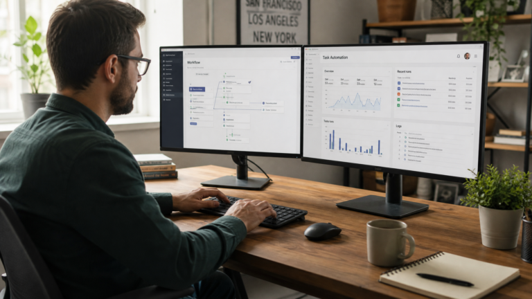 Oficina moderna con dashboards de automatización - fotografía editorial realista