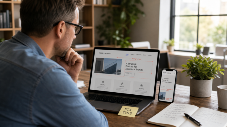 Diseñador web revisando errores en sitio web - fotografía editorial realista