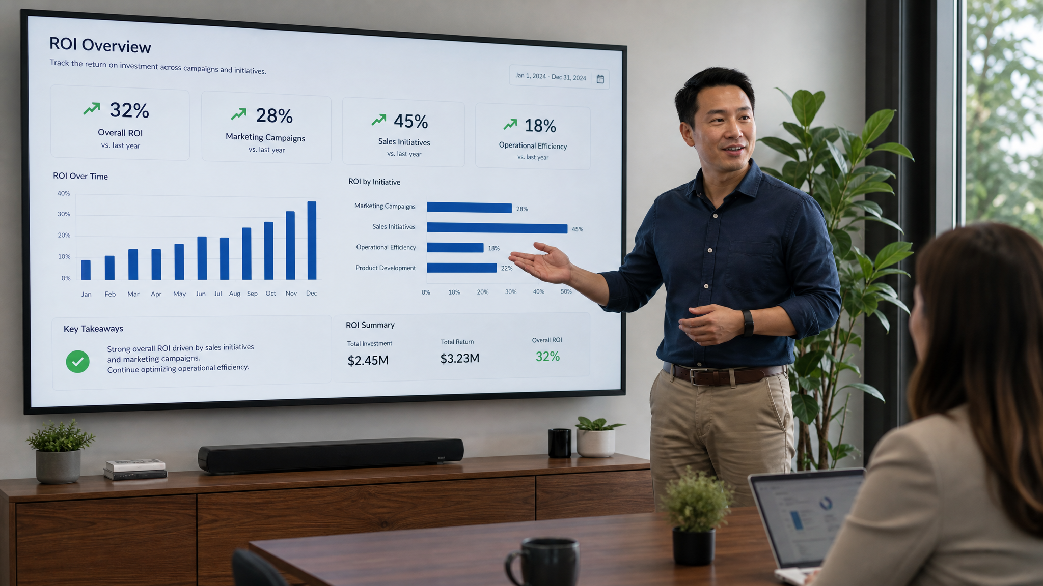 Dashboard de ROI empresarial en pantalla de oficina