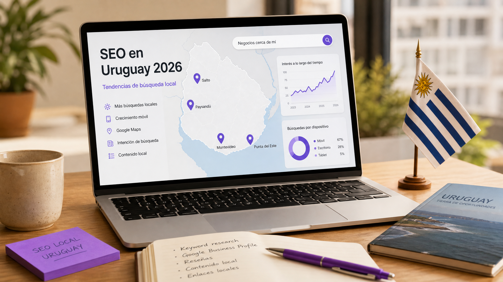 Dashboard de Google Business Profile con mapa de búsquedas locales en Uruguay